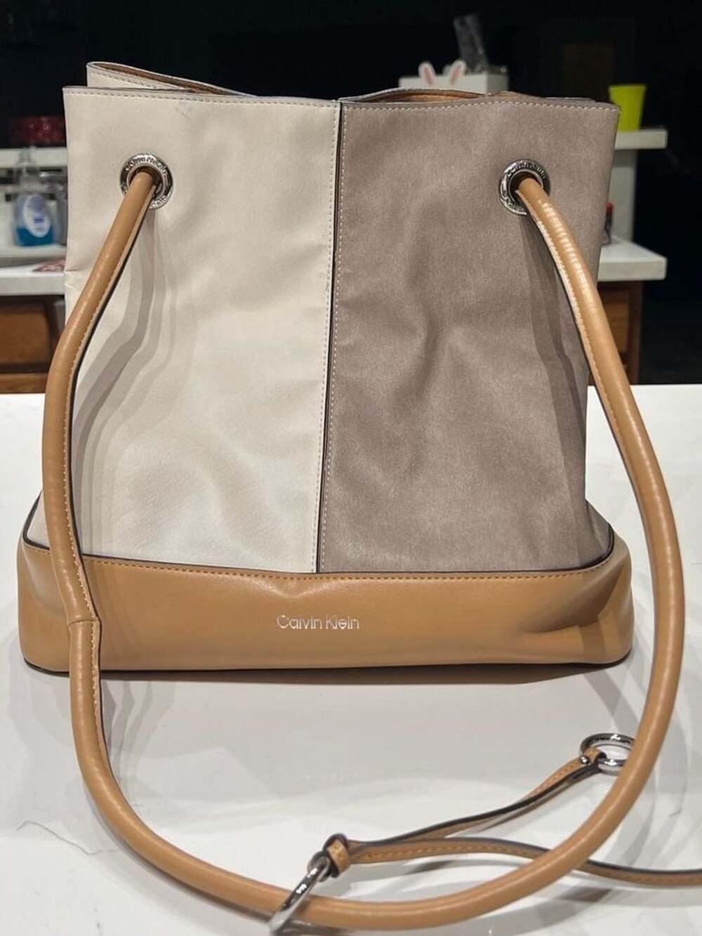 Calvin Klein Gabrianna Colorblock Bucket Bag - White/Taupe/Tan